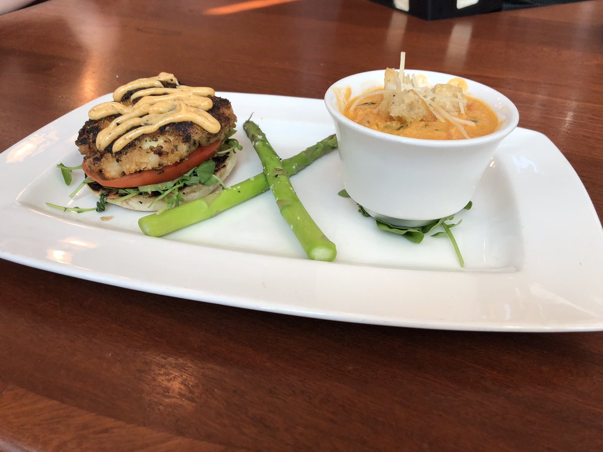 Friday Lunch Express!! Today we will be serving a encrusted shrimp cake with a tomato basil bisque soup. Come get yours from 11-2pm!