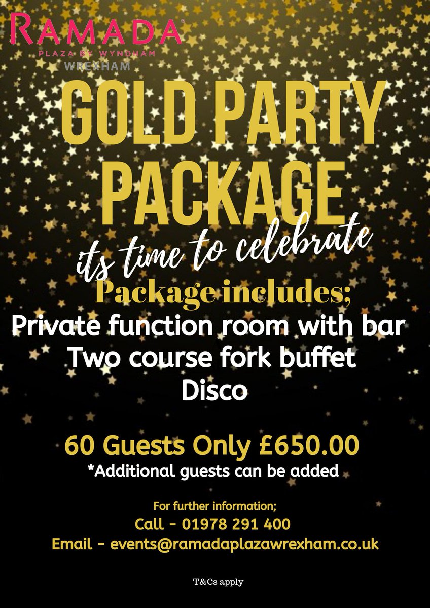 Ramada Plaza Wrexham (@ramadawrexham) on Twitter photo ๐GOLD PARTY PACKAGE๐
Our new party package is perfect for any of your upcoming events. With room hire, food and disco included we have everything covered for you.
Call 01978 291400 or email events@ramadaplazawrexham.co.uk for more information.
#partypackage #2019parties ๐GOLD PARTY PACKAGE๐
Our new party package is perfect for any of your upcoming events. With room hire, food and disco included we have everything covered for you.
Call 01978 291400 or email events@ramadaplazawrexham.co.uk for more information.
#partypackage #2019parties