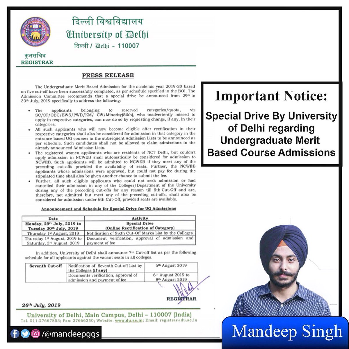 mandeepggs's tweet photo. Important Notice Regarding special drive for Delhi University UnderGraduate Merit Based Courses Admission 2019-20 and 6th Cut off ✅
#MandeepGGS #shareitmax #study #students #delhiuniversity #dulife #delhi #university #universityofdelhi #duadmissions2019 #duadmissions https://t.co/ZOo1B3azPE