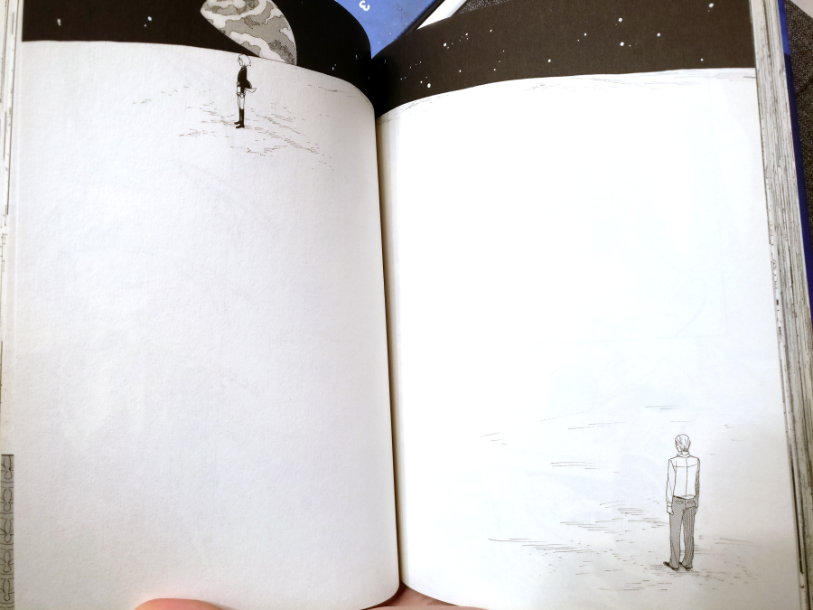 a recurring motif between these two characters always stands out to me in particular, where the moon is used to emphasize distance. the way it eventually culminates in a scene where the fog lifts and you open to this nearly blank double page spread just knocks me out 