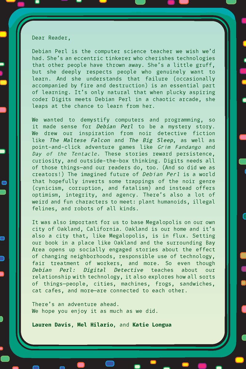 "Debian Perl is the computer science teacher we wish we’d
had. [...] She understands that failure (occasionally accompanied by fire and destruction) is an essential part of learning." Read the full letter from the authors here! <a href="/melhilario/">Mel Hilario</a> <a href="/katiesaurusrex/">Katie Longua</a> <a href="/LaurenDavis/">Lauren Davis</a> #educomix