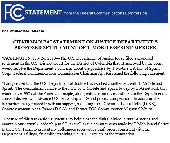 FCC's tweet photo. Read Chairman @AjitPaiFCC's statement on @TheJusticeDept's proposed settlement of the T-Mobile/Sprint Merger: https://t.co/4l5rkOezNj https://t.co/3pqbzNZUmC