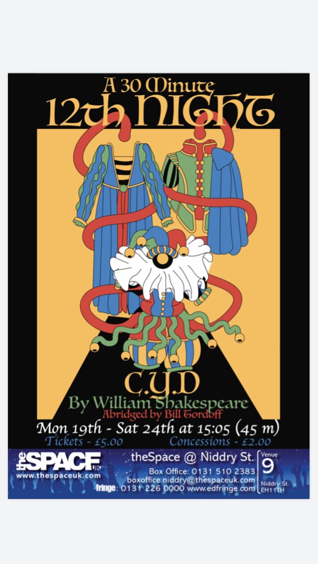 Feel like watching some Shakespeare but not a full play at #edfringe ? Why not come and see CYD return to Edinburgh for a 4th time with an abridged version of Shakespeare’s comedy, 12th Night. 19-24th Aug, <a href="/theSpaceUK/">theSpaceUK</a> on Niddry Street #MakeYourFringe #EdFringe19