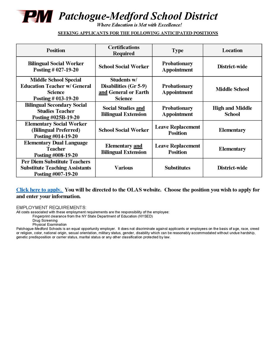 Patchogue-Medford is hiring! Come join our dynamic team! Must have the noted NYS Certifications. Apply on OLAS at pnwboces.org/olas/#!/default @PatMedSchools