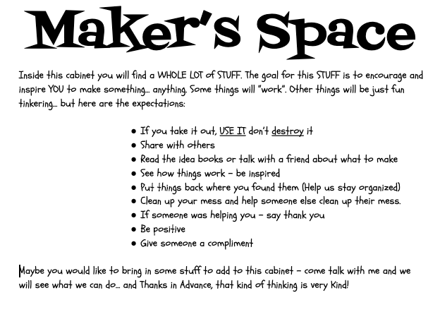 Kevin, what do you think? I am finally finding time and space in my room for a Mini-Maker's Space. This is what I thought I would put on the cabinet. <a href="/MrDeissler/">Mr. Deissler</a>