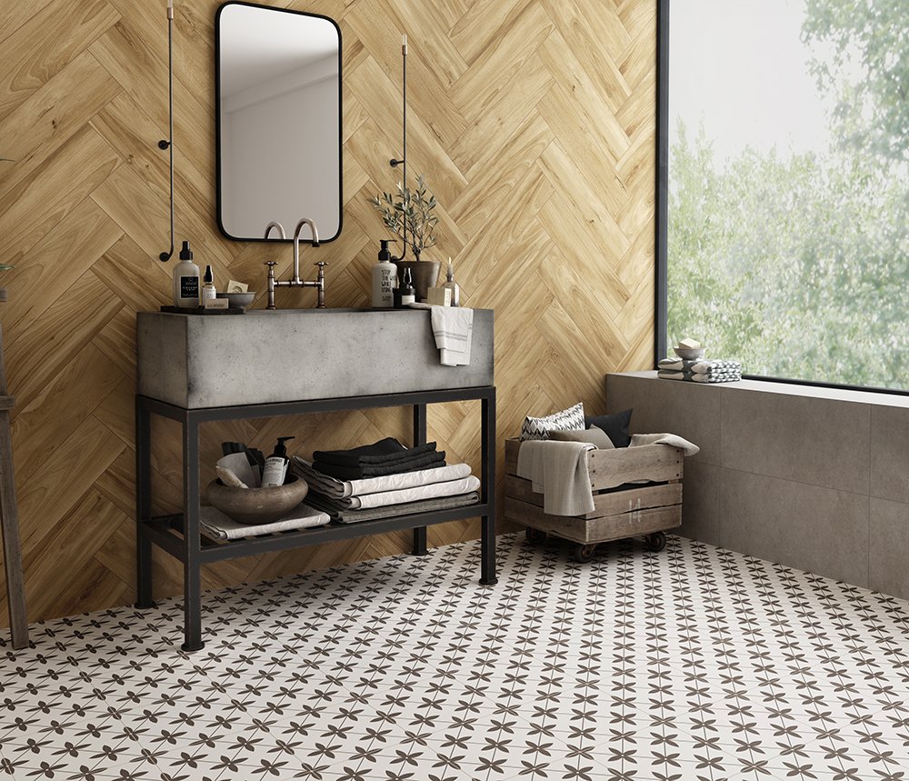 We love this eclectic bathroom combining an industrial and Scandinavian theme all complimented by the Victorian style floor tiles. Tiles available in store or online. #floortiles #https://www.new-image-tiles.co.uk/product/toulouse-decorative-glazed-porcelain-tiles-450mm-x-450mm/