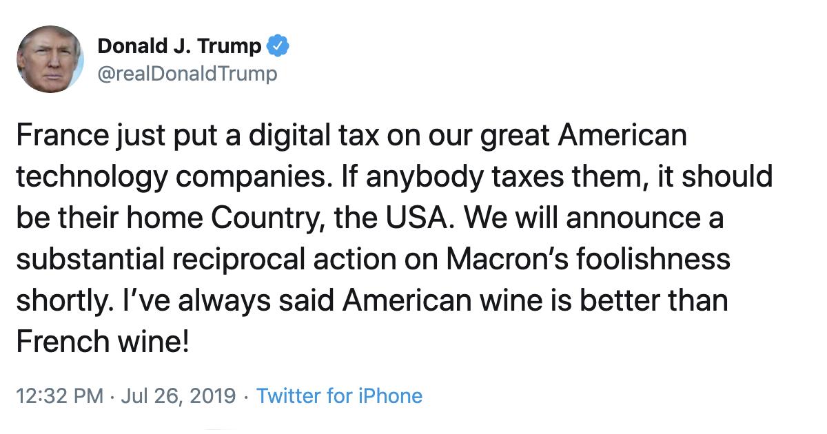 Trump threatens France with “substantial reciprocal action” over a new digital tax that affects U.S. tech companies bloom.bg/2YjVwGx
