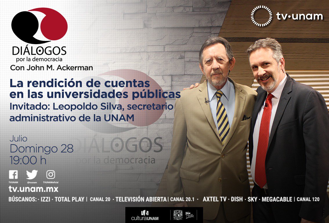 No se les olvide que este domingo tenemos una cita en el programa de #DiálogosPorLaDemocracia 😎💪👊

Nos acompañará Leopoldo Silva, el secretario administrativo de la <a href="/UNAM_MX/">UNAM</a> 🏛

¡Préndanle a la 📺 a las 7pm en <a href="/tvunam/">TV UNAM</a>! 😉