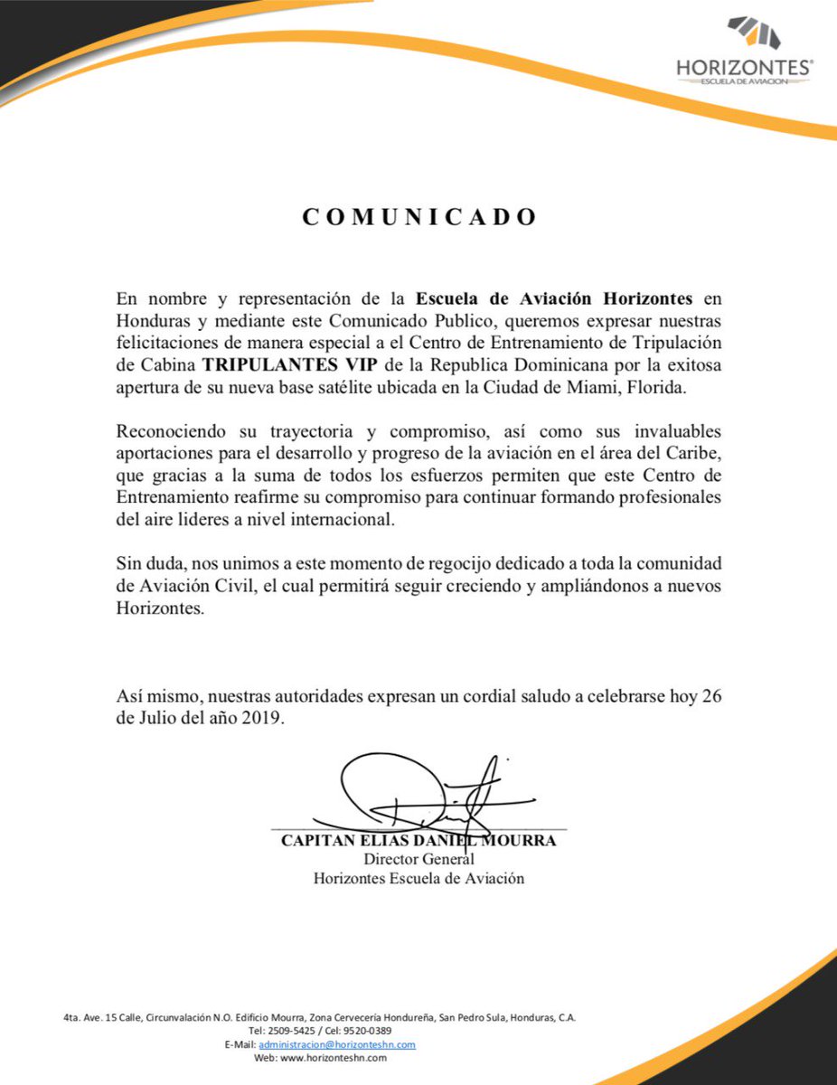 Horizonteshn's tweet photo. En nombre de la familia @Horizonteshn , nos enorgullece felicitar al Centro de entrenamiento de Tripulación de Cabina @Tripulantesvip1  por su exitosa apertura de su base satélite en la ciudad de Miami, Florida.

enhorabuena! https://t.co/g47tcBunQ8