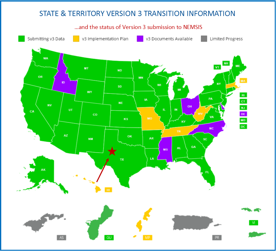 NEMSISTAC's tweet photo. Texas has joined the #NEMSIS #GoGreen campaign by successfully transitioning to the NEMSIS v3 National #EMS Data Standard. Great job! https://t.co/voP7g6xc8E #TXems #BigData #EMSdata https://t.co/rnzvurupie