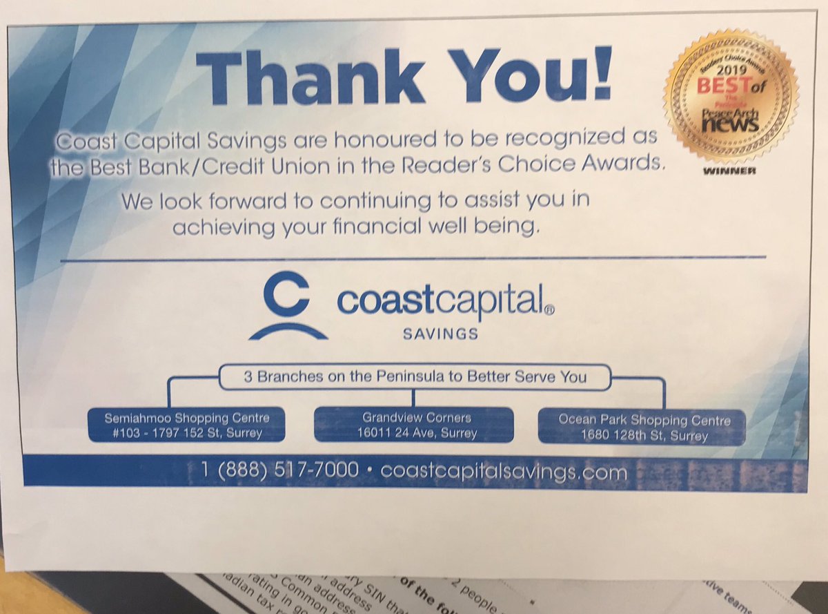 SanghaRabinder's tweet photo. Thank you to our amazing members who voted  @Coast_Capital as the Best Bank/ Credit Union on the Penninsula.  Come in today at the Ocean Park Branch to celebrate our members! @colangelo_lisa #lifeatcoast  #bestmembers #coastcapitalsavings https://t.co/Dw73Nvilm8