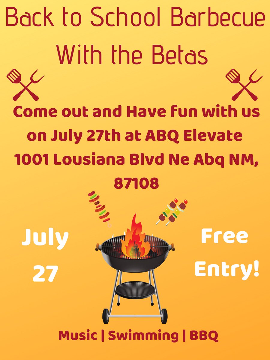 Spread the message! The betas are having a back to school barbecue with free entry! Come on down to ABQ elevate at 6:30 pm tomorrow for free food, music, and swimming and meet and mingle with the amazing Beta guys!