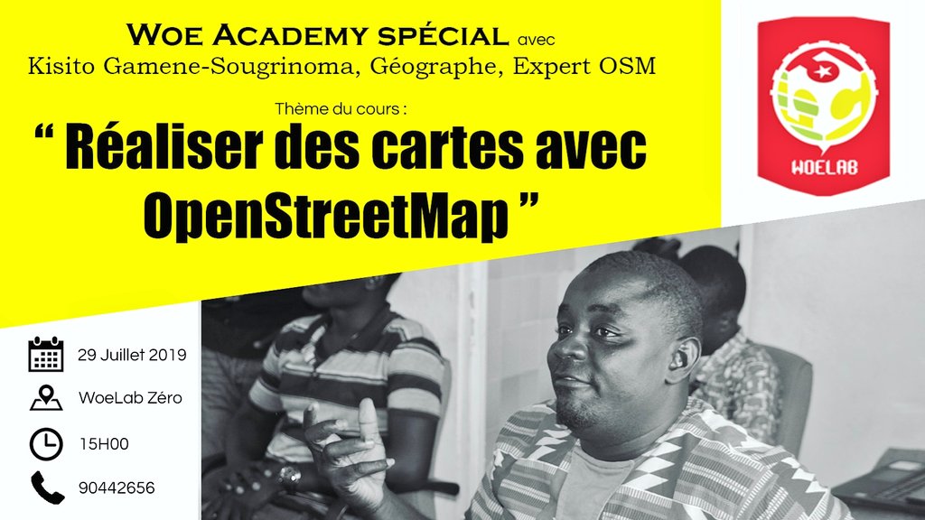 <a href="/KisitoSG/">gaméné sougrinoma</a> l'un des fondateurs de @ouagalab1, géographe et Expert OSM fera une session spéciale de la #WoeAcademy sur le thème &lt;&lt;Réaliser des cartes avec <a href="/openstreetmap/">OpenStreetMap</a>&gt;&gt; à <a href="/woelab/">HubCity WoeLab</a> Zéro le  29/07/19 à 15H00 
La participation est libre et gratuite.
@sename_ <a href="/LfriiMedia/">L-frii</a> <a href="/EtriLabs/">Etri Labs</a>
