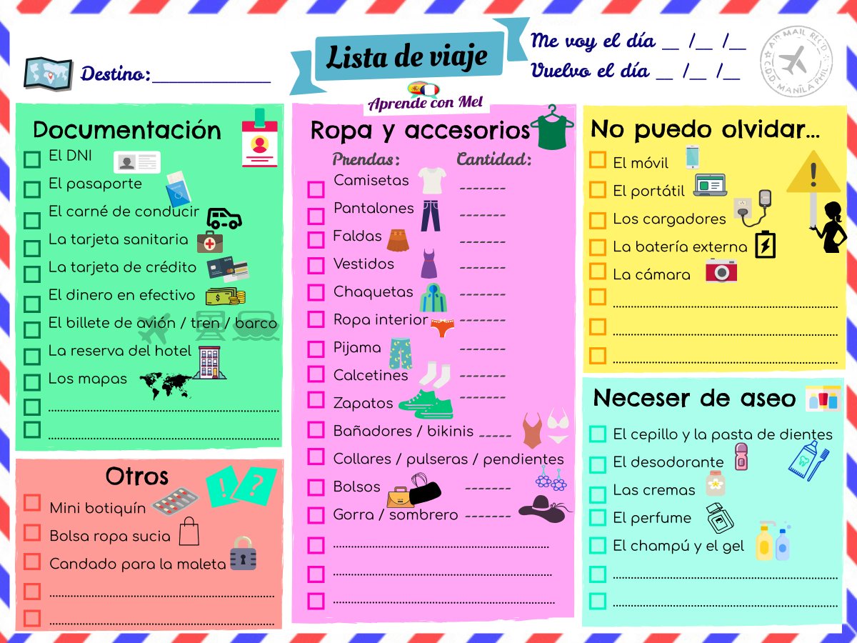 aprendeconmel's tweet photo. ¿Ya tienes todo preparado para tu próximo viaje?🎒🧳🚉

Aquí tienes nuestra lista para organizarlo ✍️📝✈️

#profesdele #profesoresdele #learningspanish #travelchecklist #Spanish #SpanishVocab #Travel #baggages #viajar #vacaciones #holidays #teachspanish #enseñarespañol #ELE https://t.co/Ww7P8gCYD2