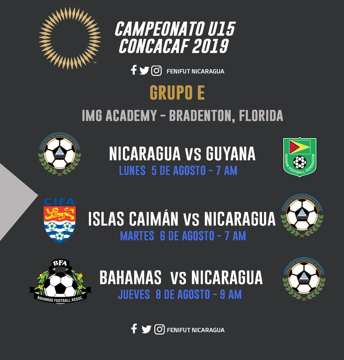 Fenifutnica's tweet photo. [SELECCIÓN U15]

Estos son los partidos de nuestra selección en la fase de grupos del Campeonato U15 de Concacaf, que se llevará a cabo en la IMG Academy de Bradenton, Florida del 5 al 10 de agosto. https://t.co/NpE11aF2np