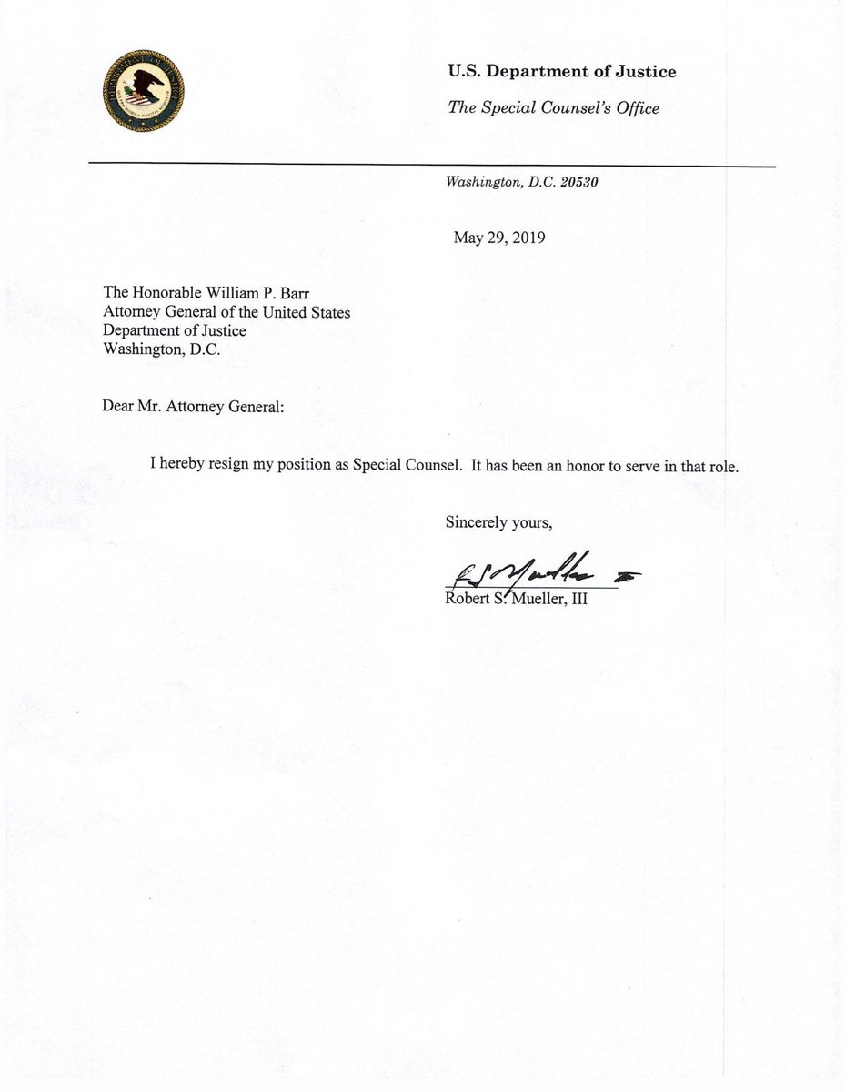 ABC's tweet photo. NEW: "I hereby resign my position as Special Counsel," former special counsel Robert Mueller wrote to Attorney General Bill Barr in his resignation letter, obtained by @ABC News. "It has been an honor to serve in that role." https://t.co/N1wmO9sR4v https://t.co/xPmYugzWW1