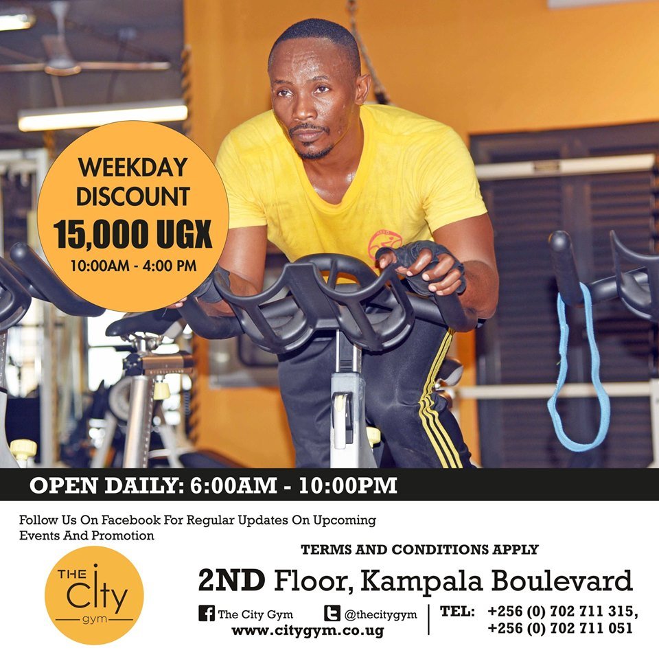 BusogaTimesUG's tweet photo. #TheCityGym, #Kampala's premium gym located at Kampala Boulevard building on #Kampala Rd, is being generous, extending discounts to its members working out between 10am - 4pm on weekdays. During that time, you pay a discounted fee of Shs15,000 for a day's work out. #Fitness #Gym https://t.co/kFZEkEbYbj