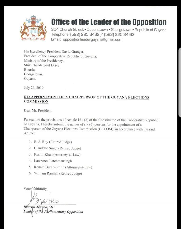 Nazima Raghubir Leader Of The Opposition S Letter With The Six Nominees For The Post Of Chairperson Of The Guyana Elections Commission T Co Ucfjwnqmrl Twitter