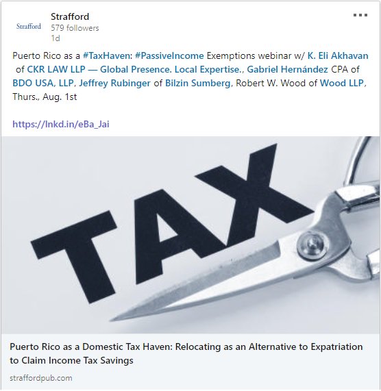 Join our Partner, Eli Akhavan, this Thursday 8/1 <a href="/1/">1</a>:00-2:50pm EST for a Webinar discussing Puerto Rico as a Domestic Tax Haven: Passive Income Exemptions! 
ow.ly/Qd5k50vdfnt

#CKRLaw #taxhavens #passiveincome #incometax #Savings #taxsavings #taxavoidance