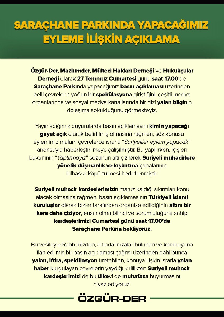 BASINA ve KAMUOYUNA:
Irkçılığa karşı insanlığı savunma çağrımızı yükselteceğimiz 
27 Temmuz Cumartesi (Bugün) Saat 17.00'de Saraçhane Parkı’nda Yapacağımız Eyleme İlişkin Açıklama:
#Suriyeliyim 
#KardesimeDokunma