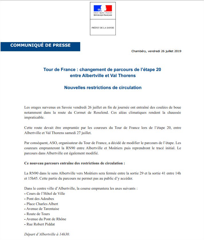 Préfet de la Savoie 🇫🇷 (@prefet73) on Twitter photo #TDF2019 l Les conditions climatiques et les coulées de boue survenues ce soir en #Savoie ont contraint ASO à modifier le parcours de l'étape prévu demain entre <a href="/Albertville_fr/">Ville d'Albertville</a> et <a href="/Val_Tho/">❄️ Val Thorens ❄️</a>.
De nouvelles restrictions de circulation sont à prévoir ⤵️ #TDF2019 l Les conditions climatiques et les coulées de boue survenues ce soir en #Savoie ont contraint ASO à modifier le parcours de l'étape prévu demain entre <a href="/Albertville_fr/">Ville d'Albertville</a> et <a href="/Val_Tho/">❄️ Val Thorens ❄️</a>.
De nouvelles restrictions de circulation sont à prévoir ⤵️