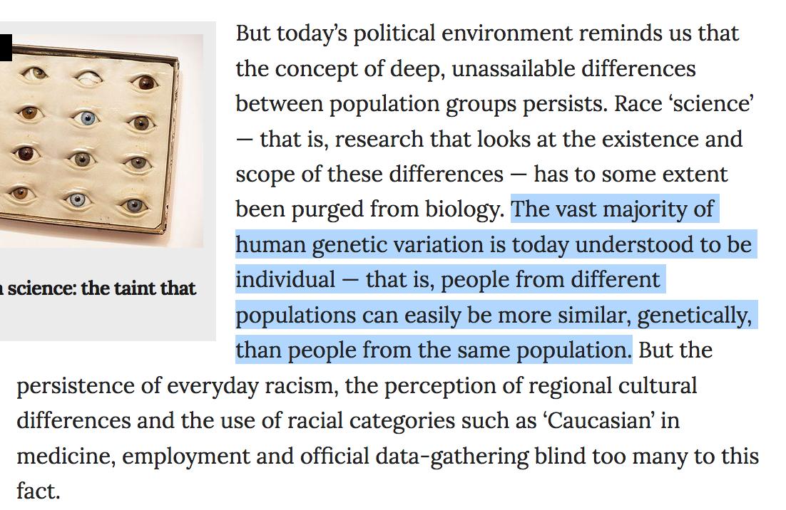 Sure, if you look at individual loci in isolation this statement might have a veneer of truth, but this ignores the correlational structure between loci that generate the "family resemblance" we observe at the population level that are commonly referred to as "races."