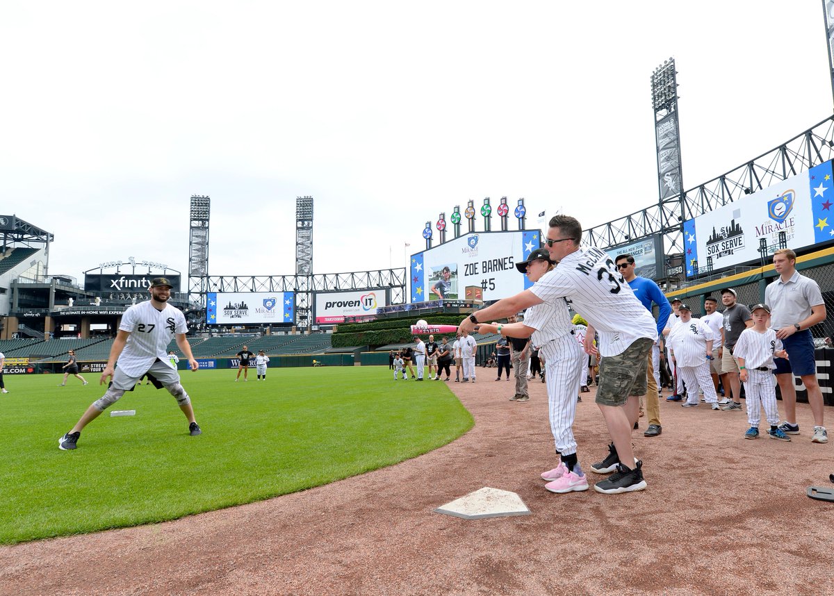 whitesox's tweet photo. The #WhiteSox welcomed 30 young athletes today from the Miracle League of Joliet, who participated in an exhibition game at Guaranteed Rate Field! @LGio27, @JamesMcCann34 and Curt Hasler served as “buddies” for the kids. #SoxServe https://t.co/uCSdG6IaWv