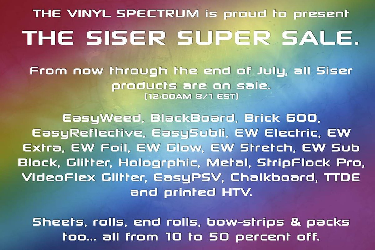vinylspectrum's tweet photo. IT'S GO TIME! - Over 1,300+ Siser Items.. &amp; yes things will run out!  Don't wait or you will have less items to pick from as a lot of these items are limited stock.
https://t.co/NypsvdZ41t

#vinylspectrum #vinyl #htv #Siser #supersale #sale #easyweed #glitter #holographic #diy https://t.co/pOzNFiN2bM