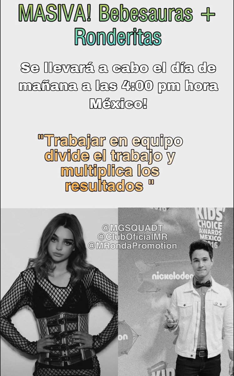 BEBESAURAS Y RONDERITAS! 
Llegó el momento de ponernos las pilas, Mañana estaremos haciendo una masiva a partir de las 4:00 pm hora mx! Esperamos poder trabajar en equipo ambos fandoms 
—RT para difundir 
#KCAMexico #MacaGarcia #MichaelRonda