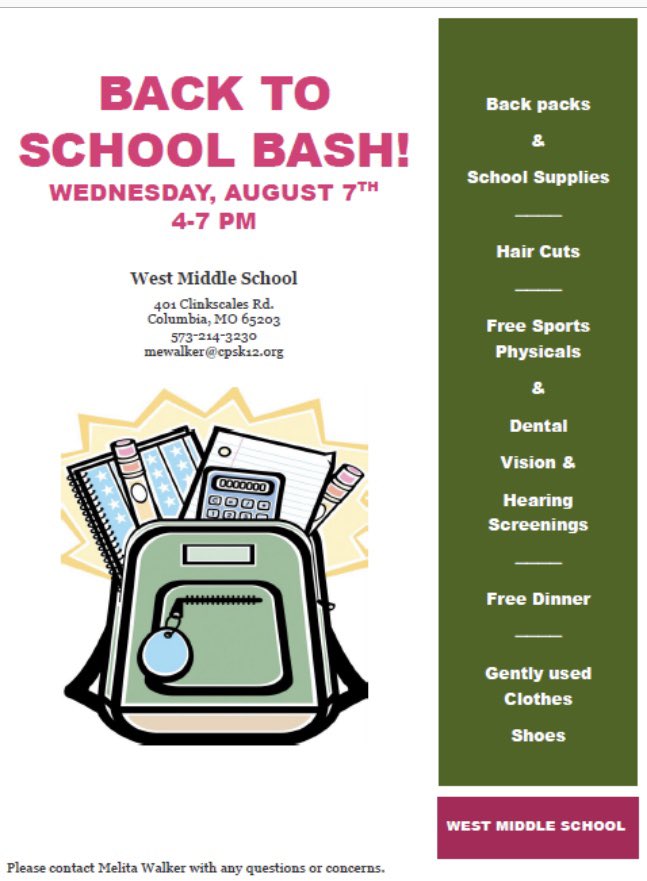 melitaj2's tweet image. CPS friends please consider sharing! West Middle School is having our annual back to school bash! This year in addition to providing school supplies, haircuts, &amp;amp; physicals, we’re partnering with Beacon of Hope &amp;amp; Shoe Carnival to provide FREE BRAND NEW SHOES/ gently used clothes!