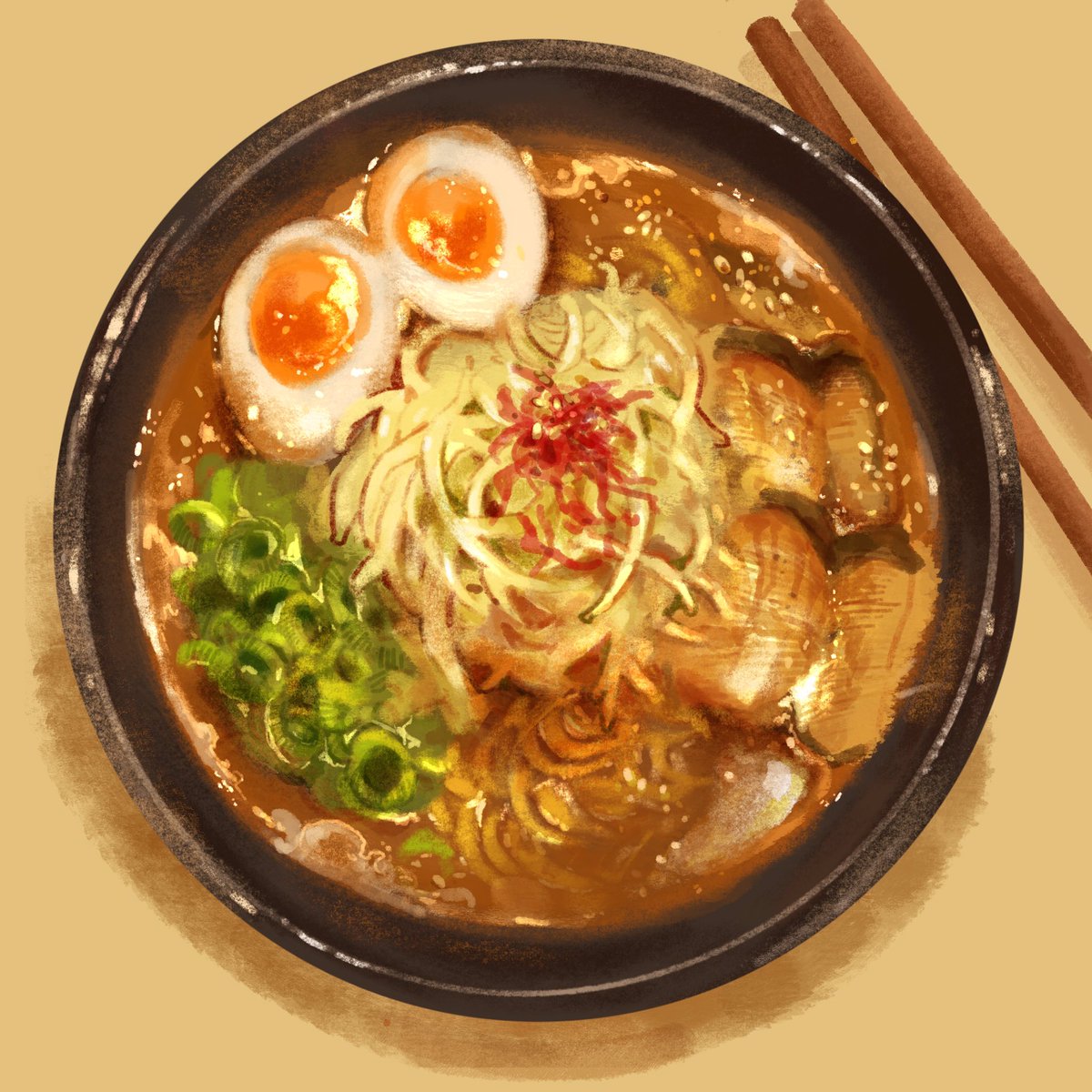 ‘One ramen a day 🍜🍜🍜🍜...’

Finished the ramen set! I drew the first one around march, I think? (Or April?) glad to finally complete the set and made 4 bowls in total! Enjoy and savour the ramen!