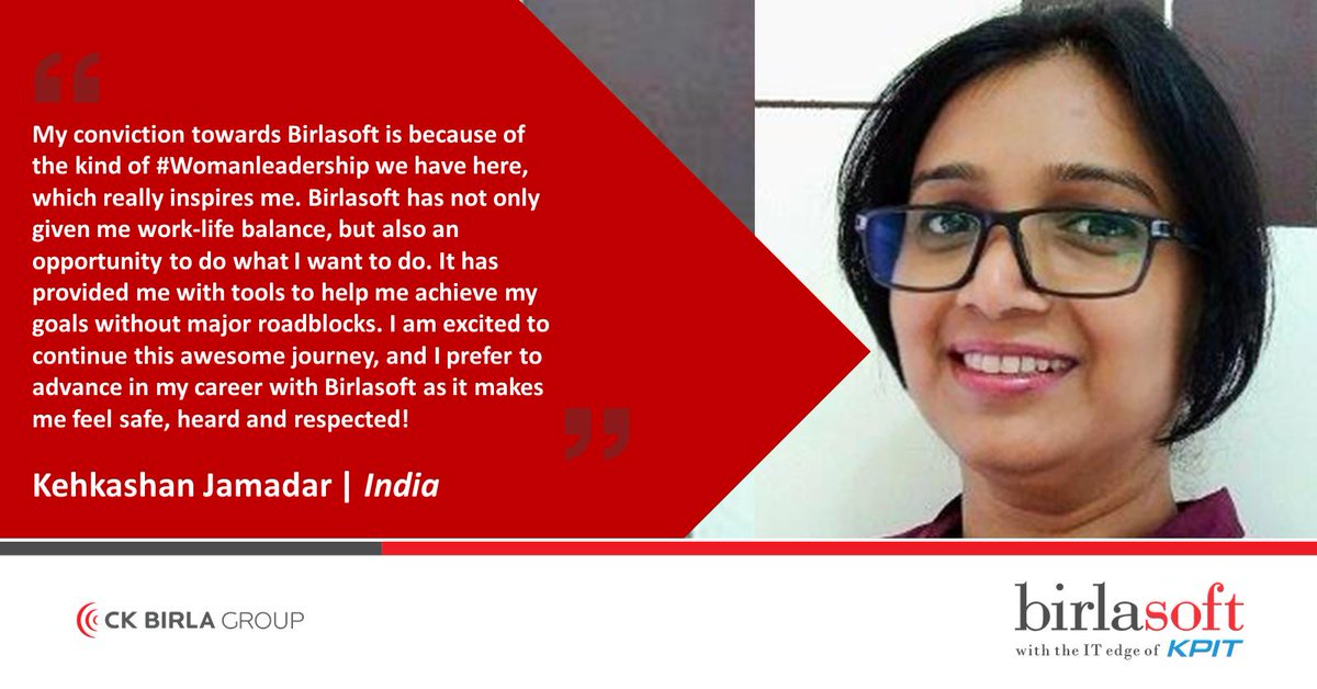birlasoft's tweet photo. #WomenAtBirlasoft | As the #weekend arrives, we present the #QuoteSheWrote testimonial series. Kehkashan Jamadar shares her excitement of being part of #Birlasoft &amp; the opportunities it has given her to create a successful #career.  https://t.co/jhJEWO6M7c #womenintech #womeninit https://t.co/r46uDC4JcZ