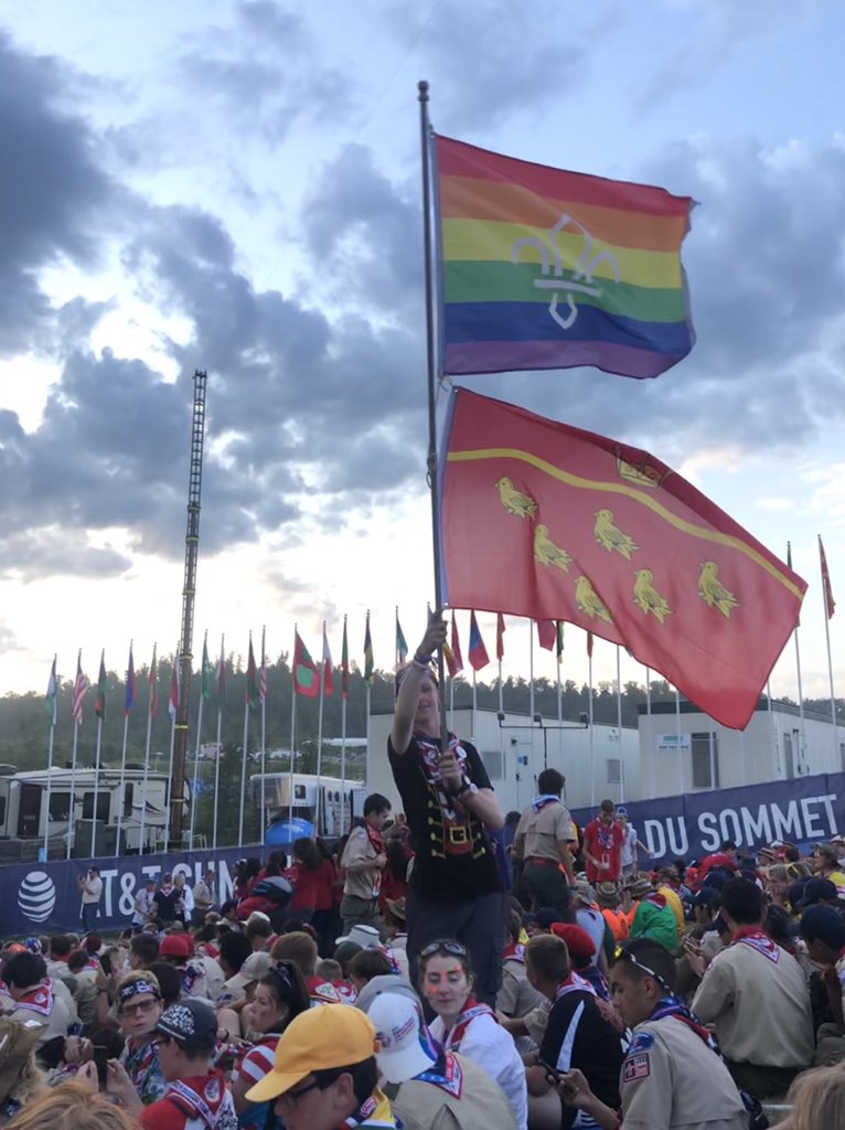 ESussexWSJ2019's tweet photo. Flying the flag for #EastSussexScouts and #Pride #FLAGS #SCOUTPride #UnityShow #WSJ2019USA #UK24WSJ #ScoutJamboree #eastsussexsmugglers @ukcontingent https://t.co/y5F6UewSSe