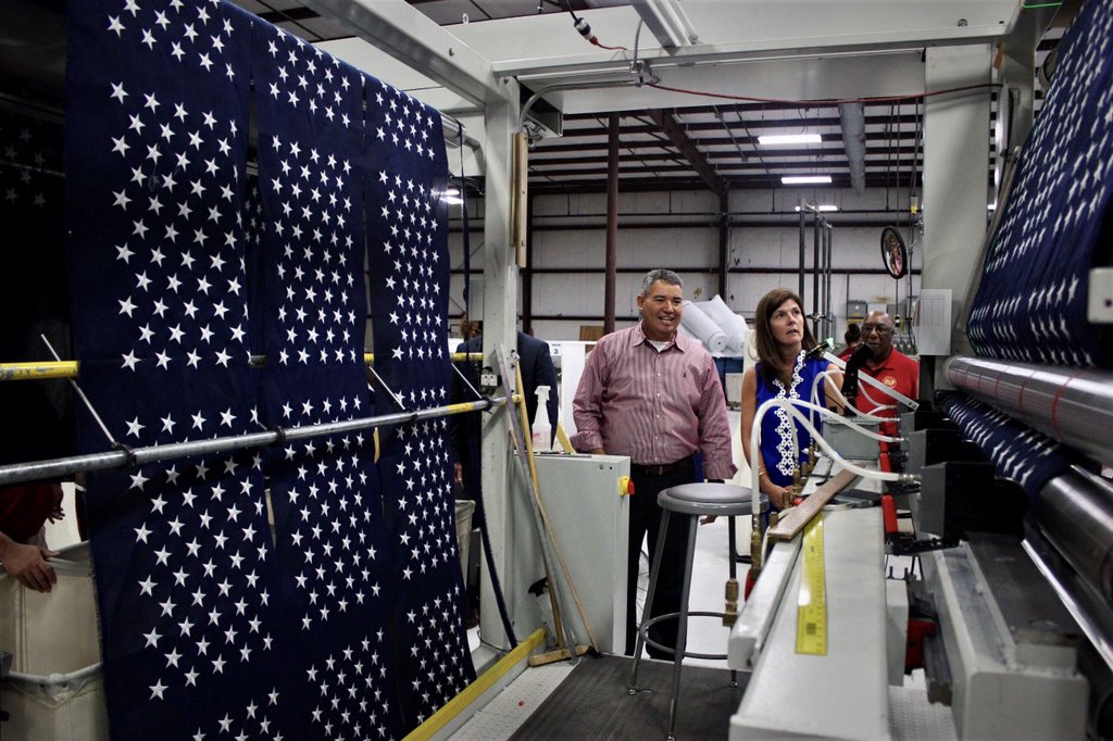 PamelaEvette's tweet photo. What an incredible day touring @ValleyForgeFlag and Embroidery Solutions and seeing how together they manufacture and distribute the largest quantity of American Flags🇺🇸 in the country. South Carolina is blessed to have great companies right here at home! #sccommerce #workforce https://t.co/G8uFMuup4W