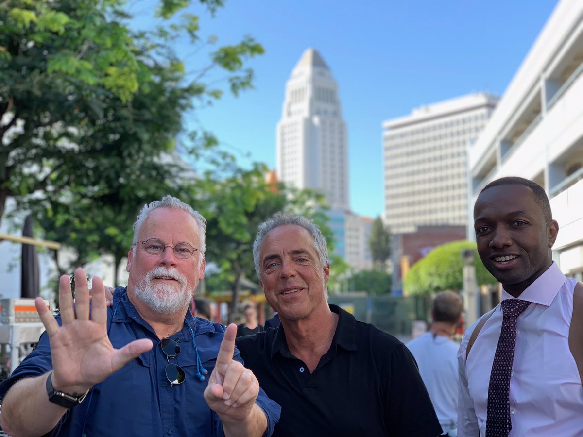 Connellybooks's tweet photo. Season 6 of @BoschAmazon is rolling! We start with The Overlook and move into Dark Sacred Night. Hard to believe we’ll have 60 episodes. But so many people, including the two with me on the set here, have put their heart &amp; soul into the show it really isn’t that surprising.- MC https://t.co/kUlvwW5OqE