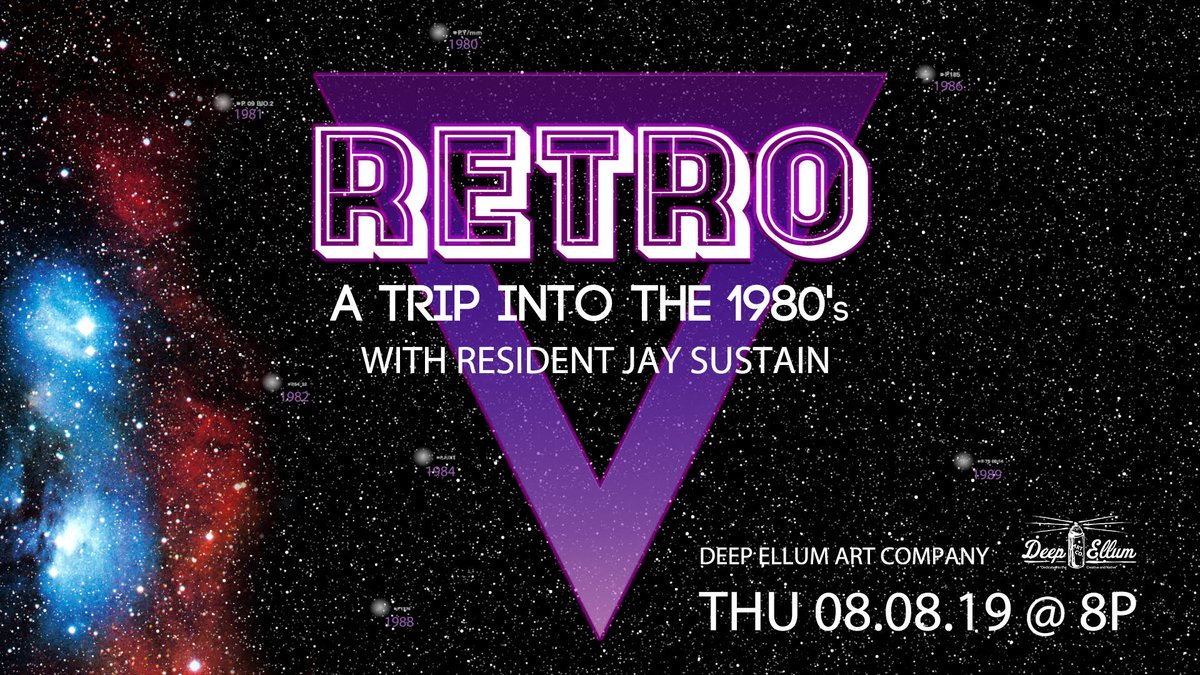 DeepEllumArtCo's tweet image. August 8, 2019...pull out the parachute pants, the lace gloves and the leg warmers!  Resident Jay Sustain is taking us back...RETRO: A Trip Into the 1980s...this is a night not to be missed! #retro #djjaysustain #dallasdjs #deepellum