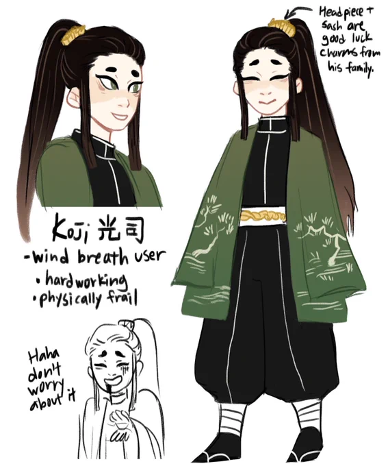 I made a kimetsu no yaiba oc...his name is Koji. He's super sickly and has to constantly use breathing techniques to stay healthy 