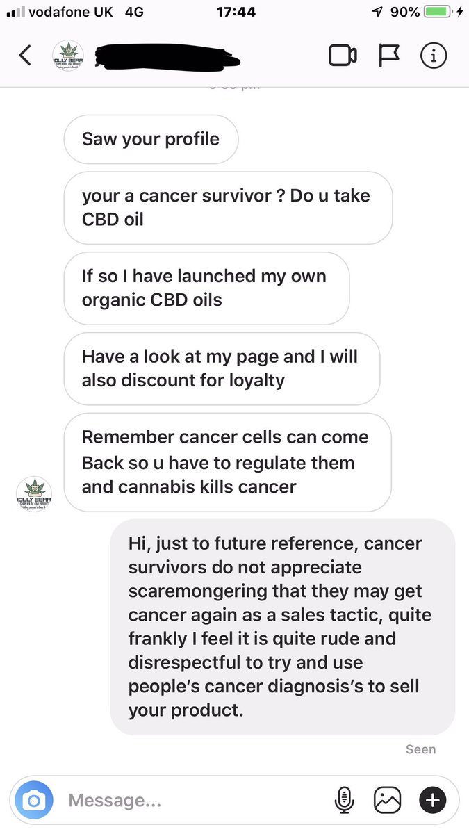 emcharlotteb's tweet photo. Please please can we gain back some humanity!
I am so angry. 
To use cancer coming back as a sales tactic is so disrespectful! 

Please can we help make those aware that despite CBD positive reviews, you can not use cancer survivors by scaring them into buying your product. 🤬 https://t.co/PCC71GN6R3