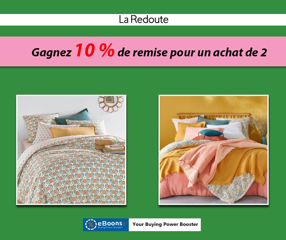 eboonscom's tweet image. Need a new #mattress or #boxspring , feel free to click on this link bit.ly/2SHOrON.
#LaRedoute offers 10% discount from 2 selections in the #bedding category. 
Works with the code REV11 until 01 August 2019
___________
#codepromo #eboons