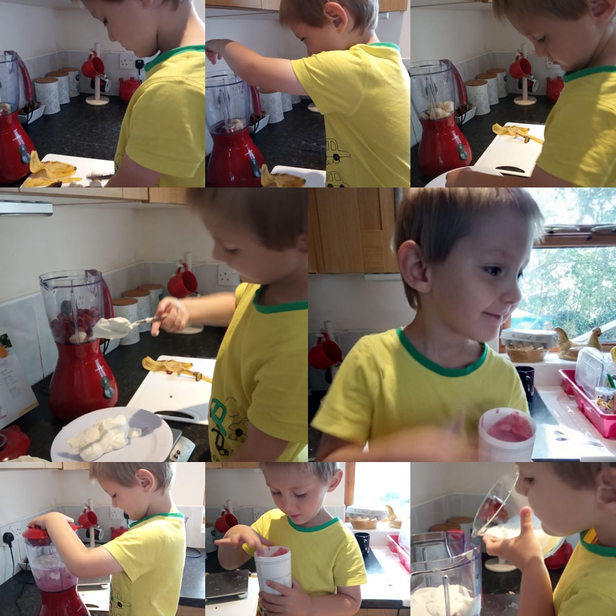 Pink Smoothie making from #ticklefingerskidscookbook.  Loving seeing it in action :) #cookingwithkids