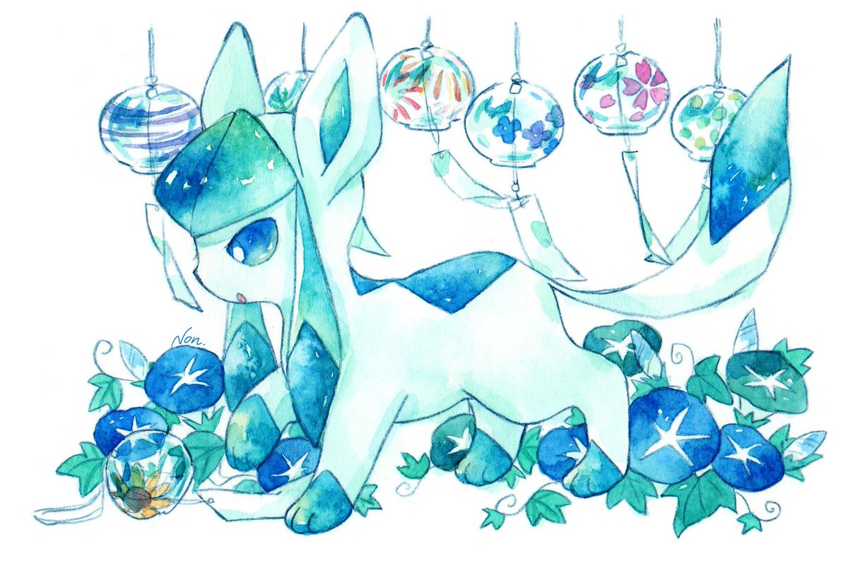 glaceon pokemon (creature) no humans solo blue flower white background flower traditional media  illustration images