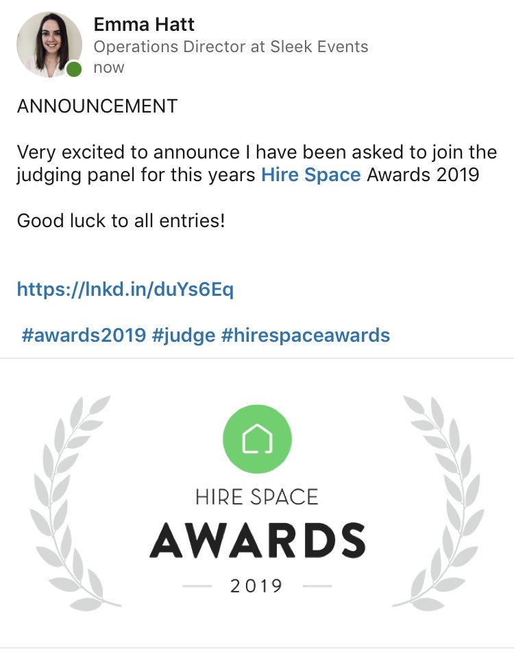 ANNOUNCEMENT 

Very excited to announce I have been asked to join the judging panel for this years Hire Space Awards 2019 

Good luck to all entries! 

lnkd.in/duYs6Eq

 #awards2019 #judge #hirespaceawards