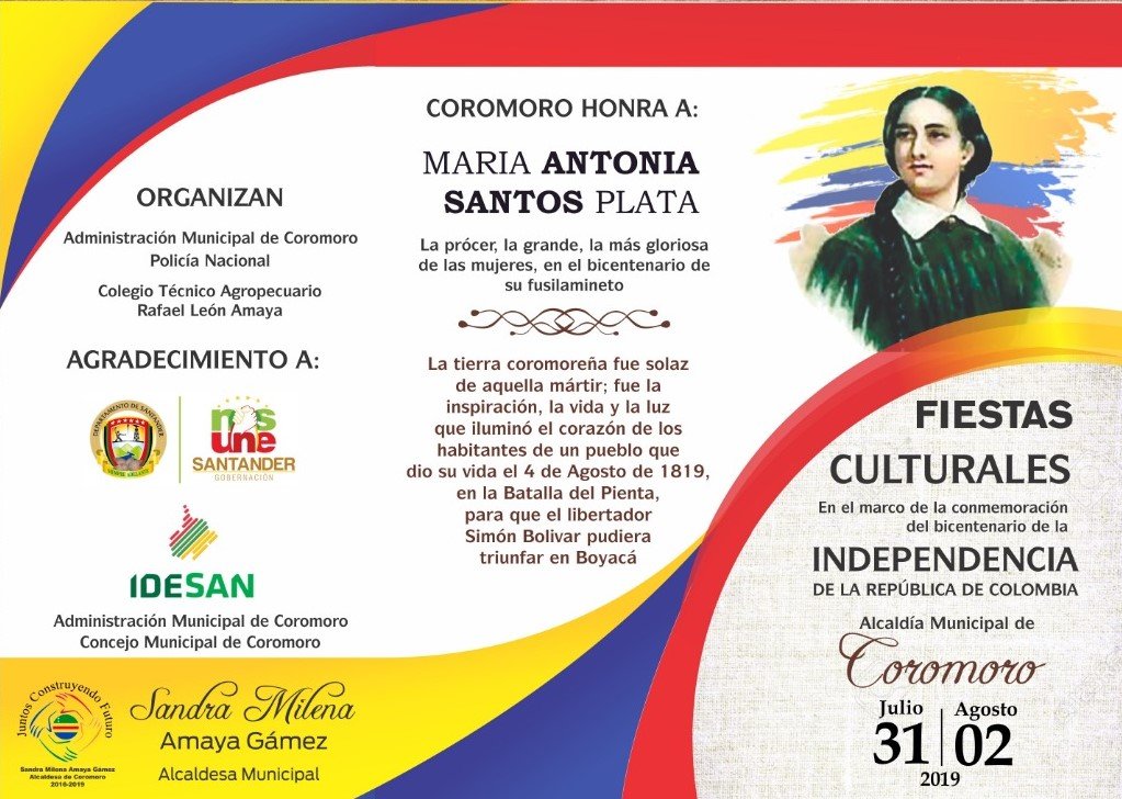 MpioCoromoro's tweet photo. El municipio de Coromoro invita a la comunidad en general, a los municipios partícipes de la Batalla del Pienta al acto de conmemoración del bicentenario del ascenso a la inmortalidad de Antonia Santos Plata. https://t.co/h0YkZllnh4
