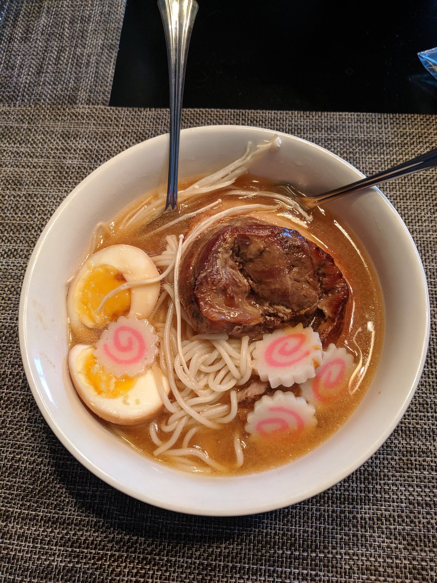 A miso chashu ramen. Made with brown chicken stock, miso tare, and a chashu for garnish. Although a chicken stock it tastes much like a lean pork stock with a salty hit due to the shiro and aka miso paste.