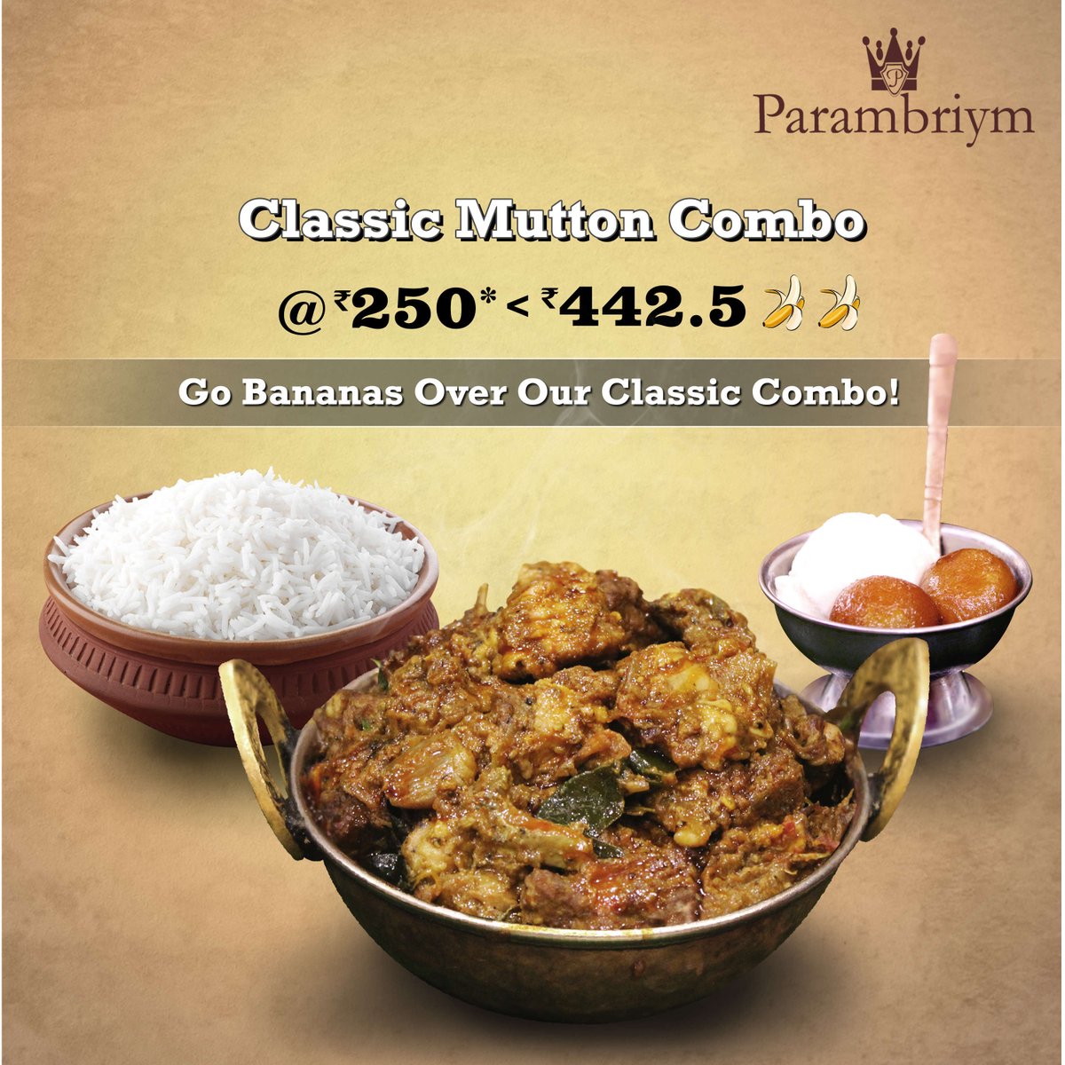 Parambriyms's tweet photo. Why go bananas over bananas that cost 442.5 🍌? Instead, go #bananas over our Classic #MuttonCombo @ just Rs.250* 🤩! Visit #Parambriym today to check out the wide variety of combos that costs far less than bananas 🍌! #rahulbosemoment 
#bananaforrs442 #Muttoncombo #ComboCarnival https://t.co/a2n6pbKHaT
