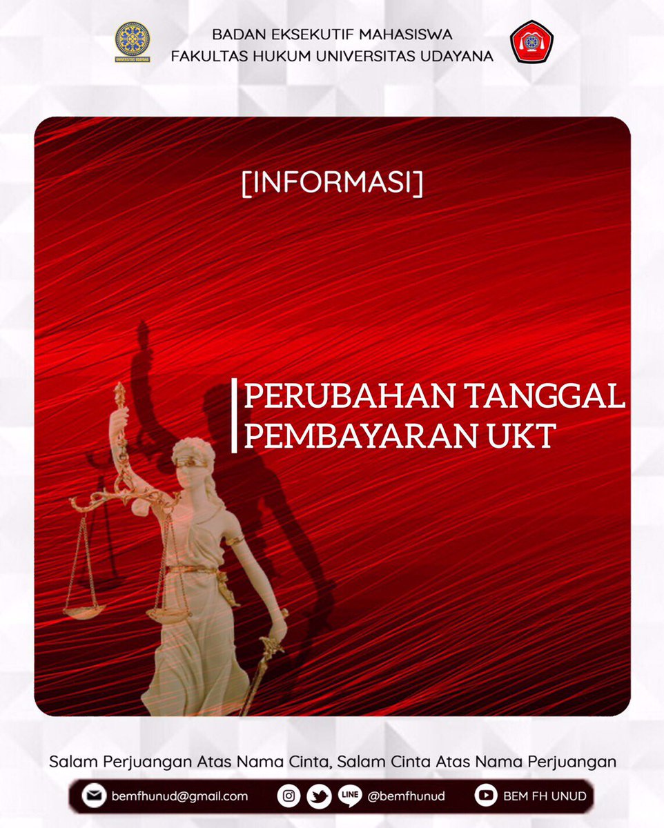 bemfhunud's tweet photo. [ PEMABAYARAN UKT ]

Diinformasikan kepada seluruh Mahasiswa Fakultas Hukum Universitas Udayana bahwa pembayaran ukt pada smt ganjil saat ini SUDAH DAPAT DIBAYARKAN pertanggal 26 Juli - 16 Agustus 2019
Selengkapnya dapat diakses melalui menu Home OA Line BEM FH UNUD https://t.co/IeiaEChOo3