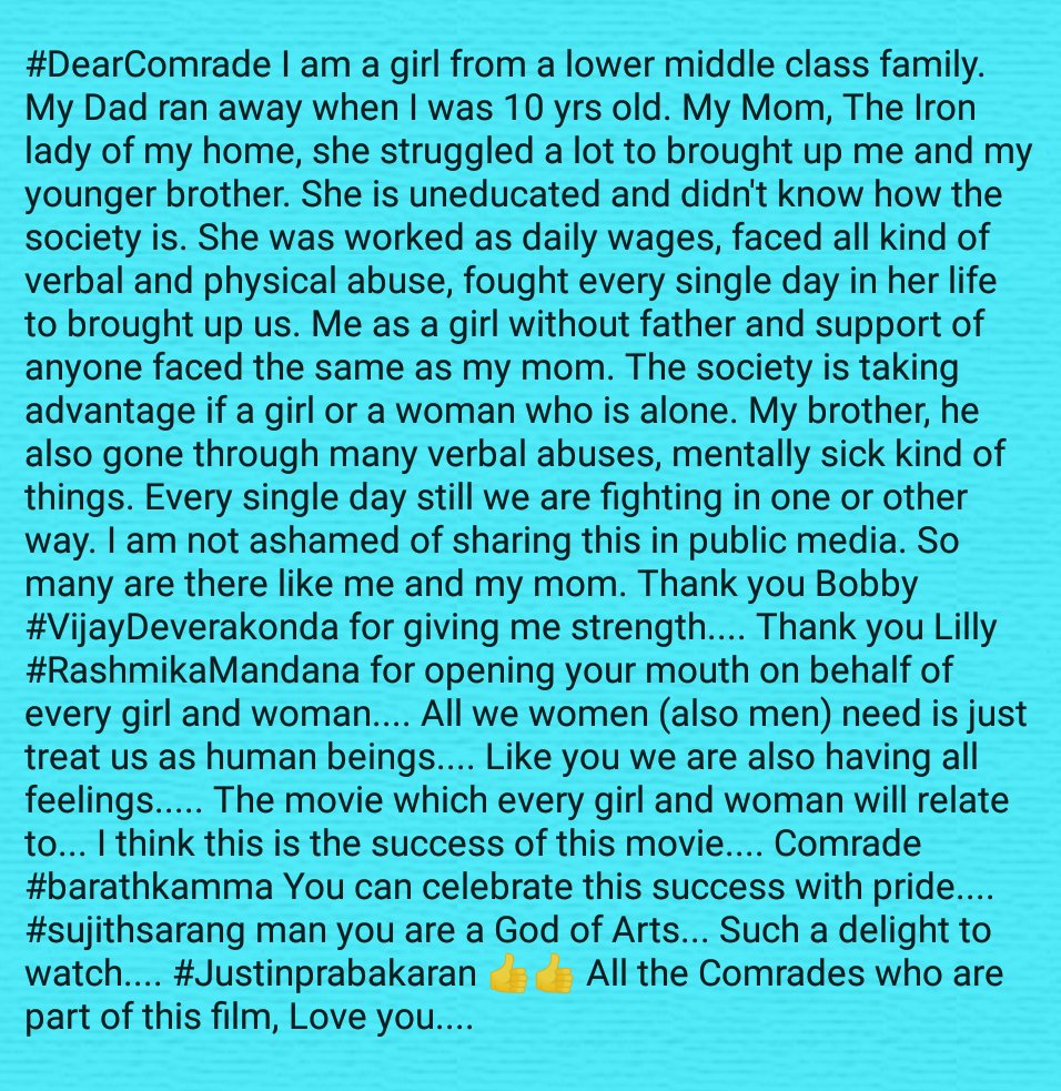 #DearComrade #VijayDeverakonda #Bharathkamma #SujithSarang #Justinprabhakaran #Rashmikamandana This tweet is not just a tweet... Straight from heart to the Dear Comrade team ❤