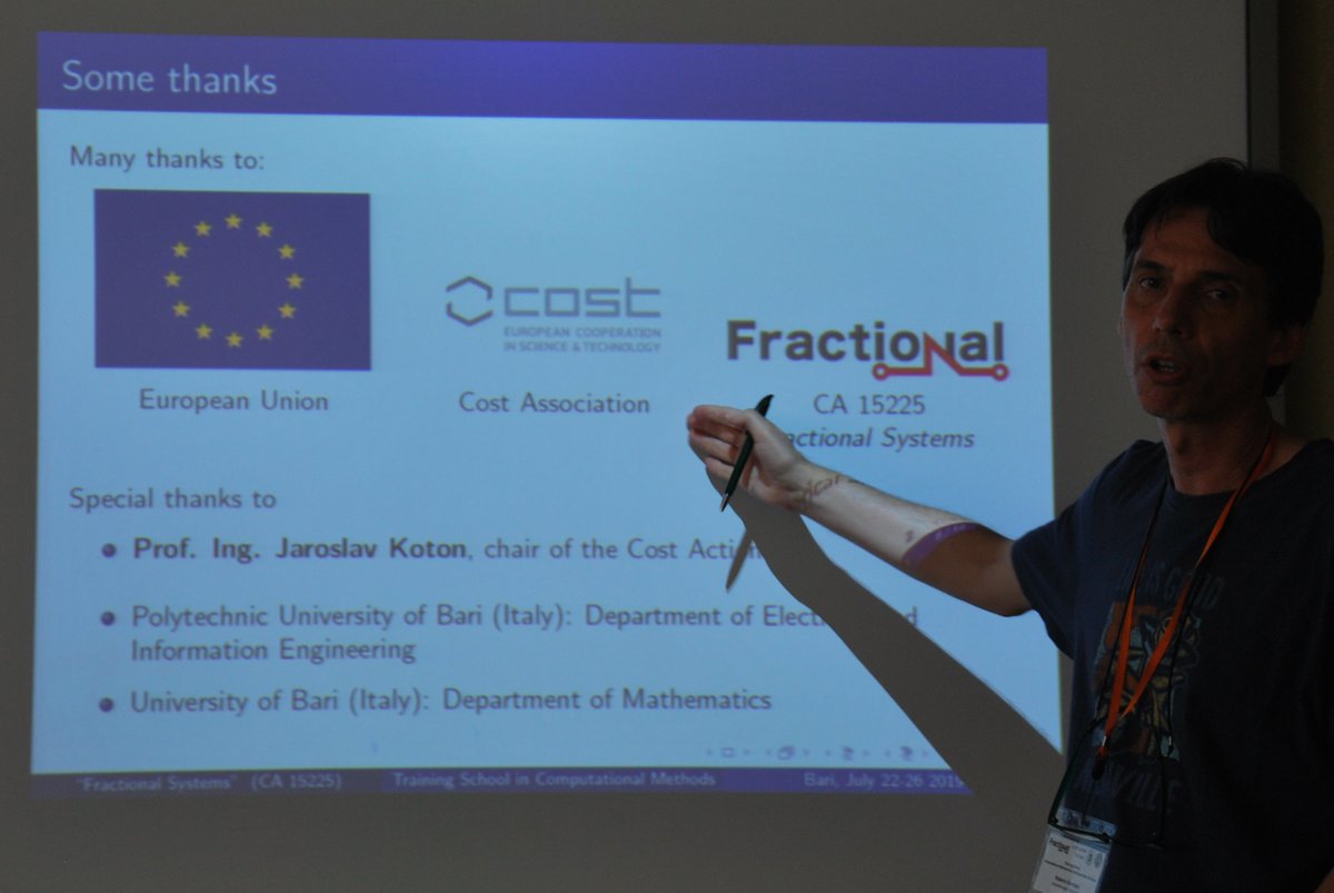 I am very happy that <a href="/FractalCOST/">Fractional-Order Systems (COST Action CA15225)</a> and <a href="/COSTprogramme/">COST</a> gave the possibility to several PhD students, post-doc and young researchers to attend the Training School in Bari on Computational Methods for Fractional-Order Problems. It has been a great experience.