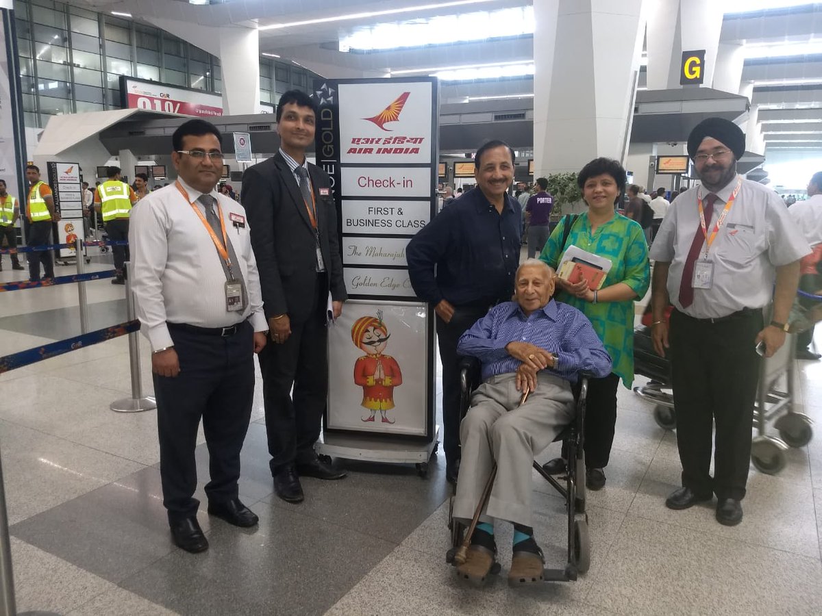 airindia's tweet photo. #FlyAI: Maharajah's emotional connect with pax bridged 4 generations of loyal #airindia patrons when 95-yr-old Mr Ram Chopra took AI111 to #London today with his senior citizen son &amp; daughter-in-law. The senior Mr Chopra's flight was made special with an upgrade as our tribute. https://t.co/spQigGmGiA
