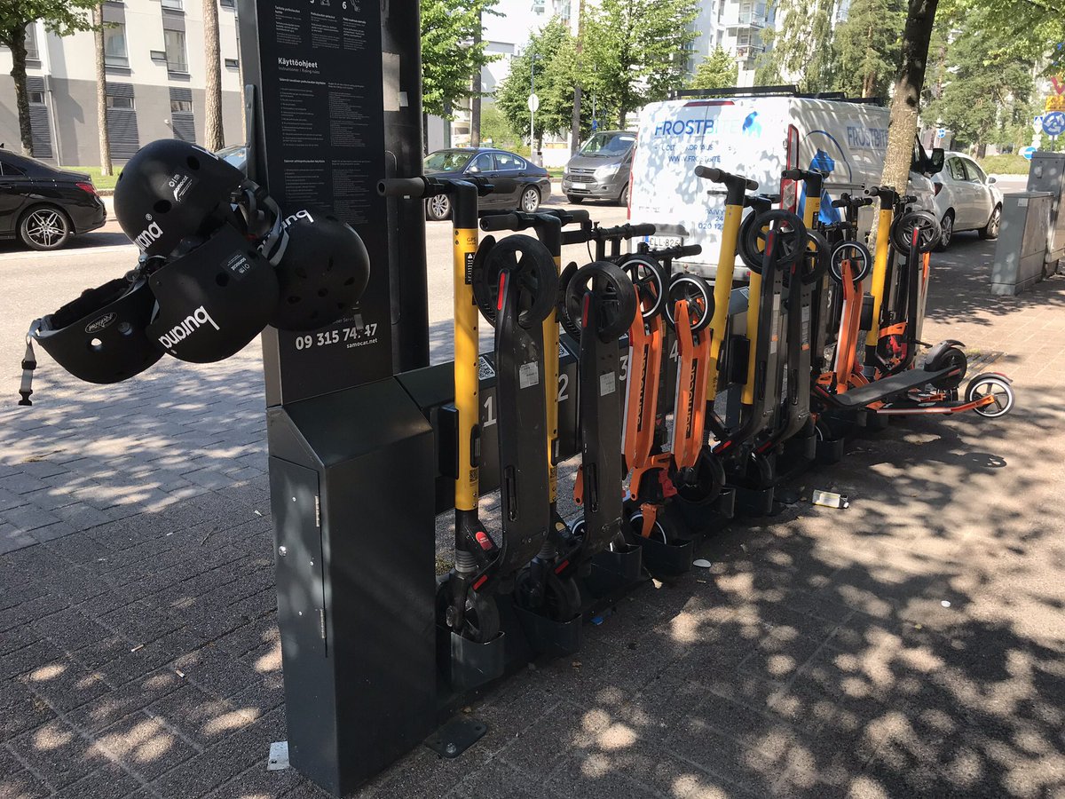 JHNyberg's tweet photo. I see potential in this @HSL_HRT pilot with station based #scooters, but the technology should work 100 % if you want users to fall in love. However, I give big credit to the customer service and free helmets! #Samocat #Helsinki https://t.co/saIspcUSuR